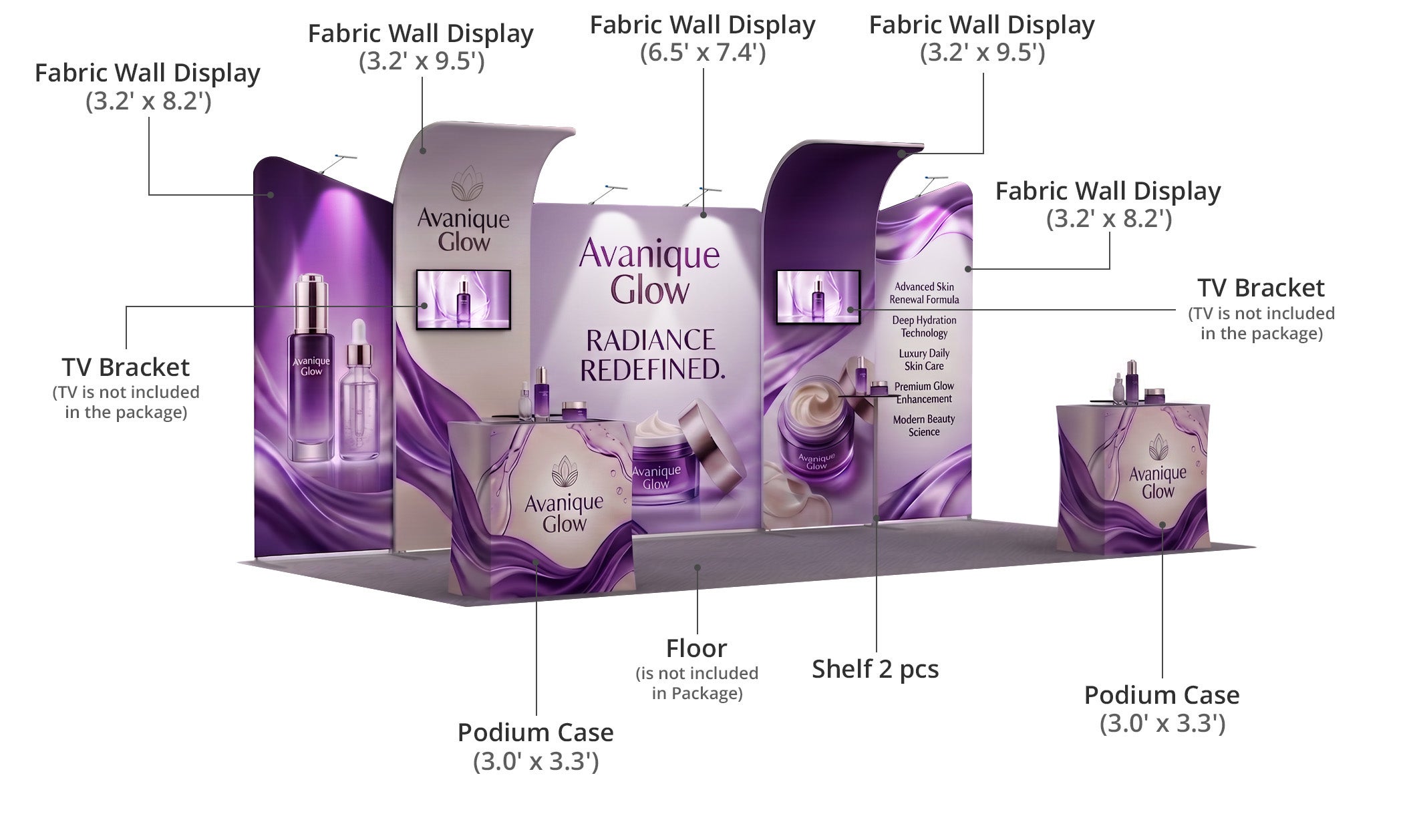20 ft Inline Trade Show Booth - Modular Fabric Display with Podium, Shelves & LED Lights Components & Sizes