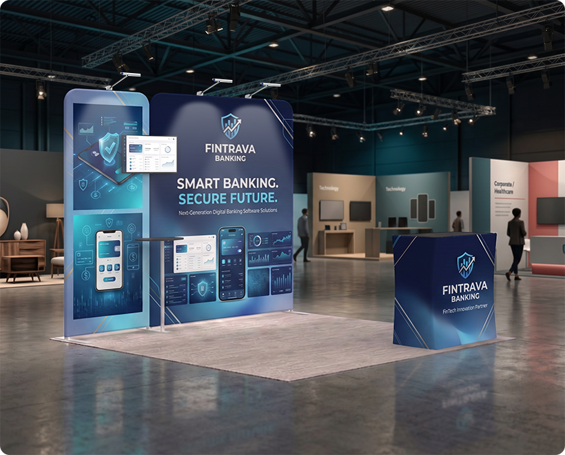 3 m Inline Exhibition Stand - Modular Display with LED Lights, Monitor Mount & Counter Banking Service