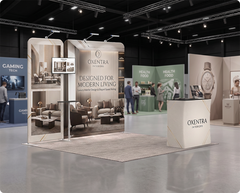 3 m Inline Exhibition Stand - Modular Display with LED Lights, Monitor Mount & Counter Gym equipments