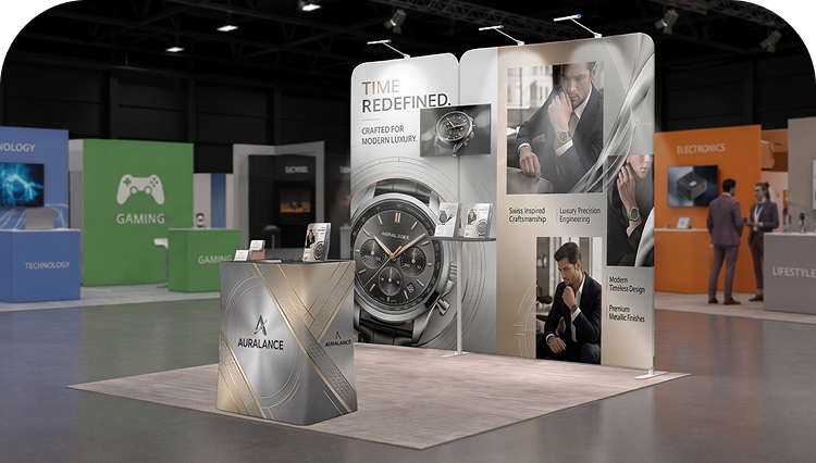 3 m Inline Exhibition Stand - Modular Display with LED Lights, Monitor Mount & Counter banner image mobile