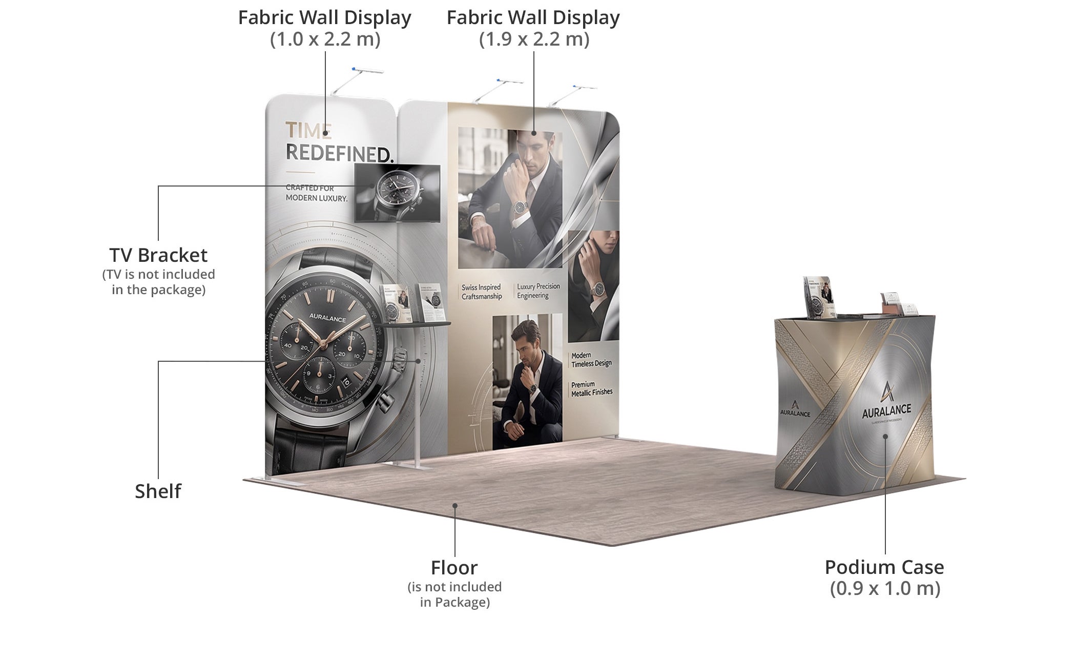 3 m Inline Exhibition Stand - Modular Display with LED Lights, Monitor Mount & Counter Components & Sizes