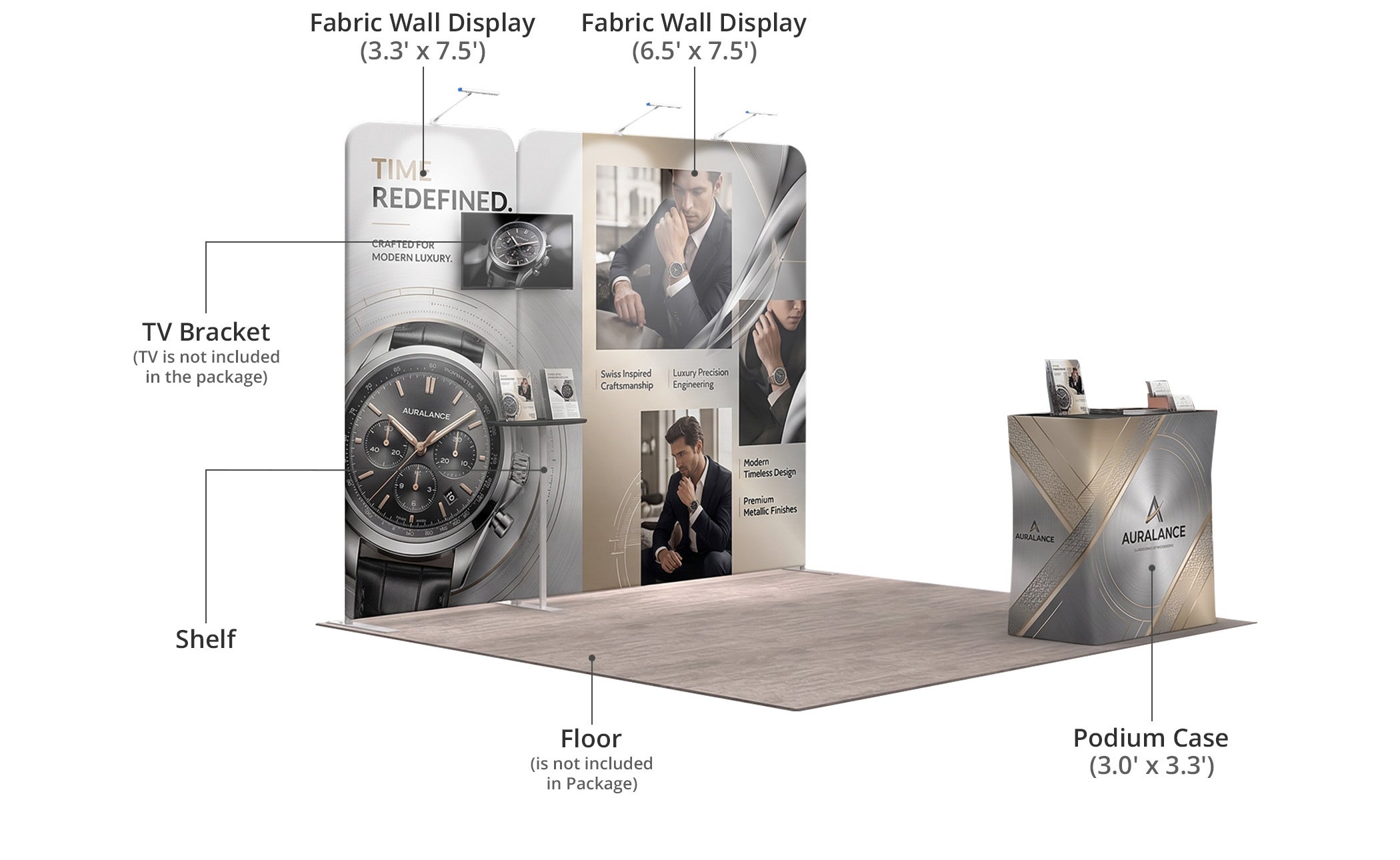 10 ft Inline Trade Show Booth - Modular Display with LED Lights, Monitor Mount & Counter Components & Sizes