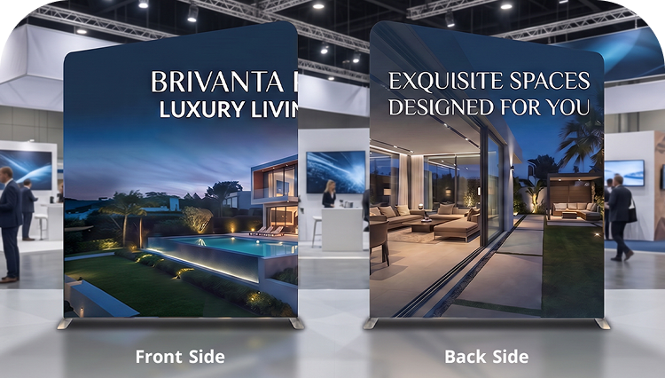 6 m Inline Exhibition Stand - Curved Backwall with Dual Counters Double Side Print mobile