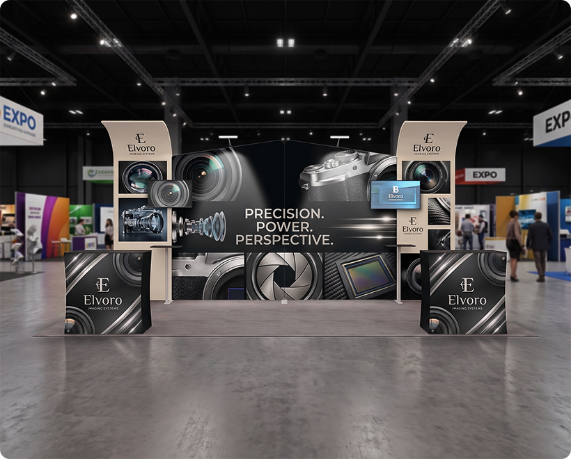 6 m Inline Exhibition Stand - Curved Backwall with Dual Counters DLSR Camera