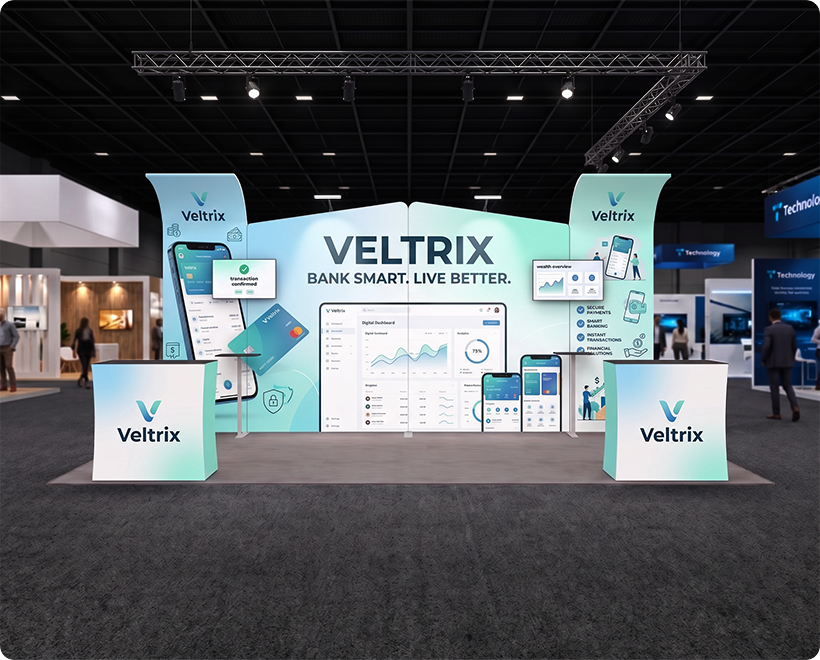 6 m Inline Exhibition Stand - Curved Backwall with Dual Counters Banking Service
