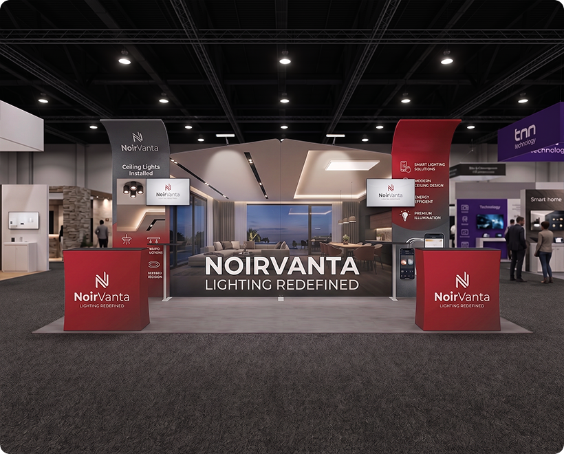 6 m Inline Exhibition Stand - Curved Backwall with Dual Counters Smart Light Automation