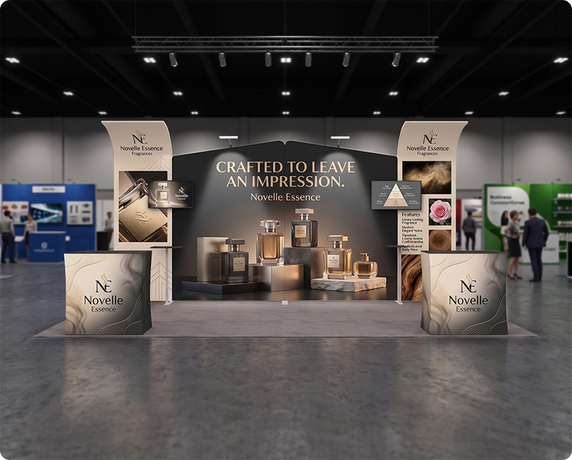 6 m Inline Exhibition Stand - Curved Backwall with Dual Counters Perfume Company