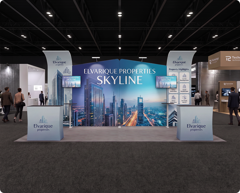 6 m Inline Exhibition Stand - Curved Backwall with Dual Counters Real Estate Marketing