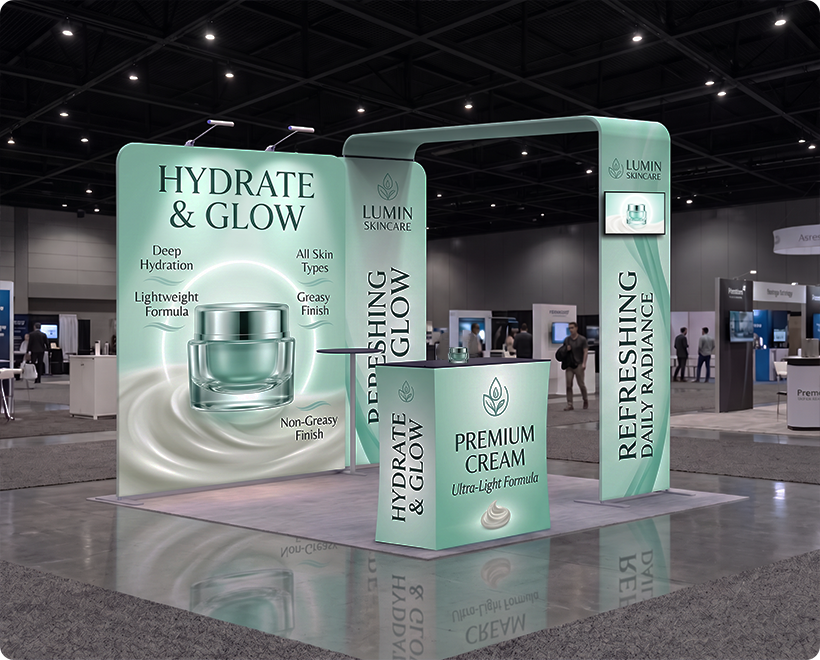 10 Ft Inline Trade Show Booth - Portable Backwall Display with LED Lights & Counter Skin Care Beauty Product