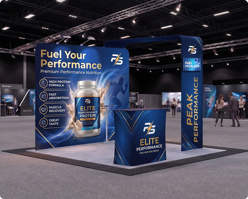 10 Ft Inline Trade Show Booth - Portable Backwall Display with LED Lights & Counter Protein Supplements