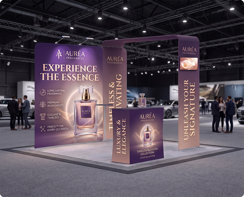 10 Ft Inline Trade Show Booth - Portable Backwall Display with LED Lights & Counter Perfume Company