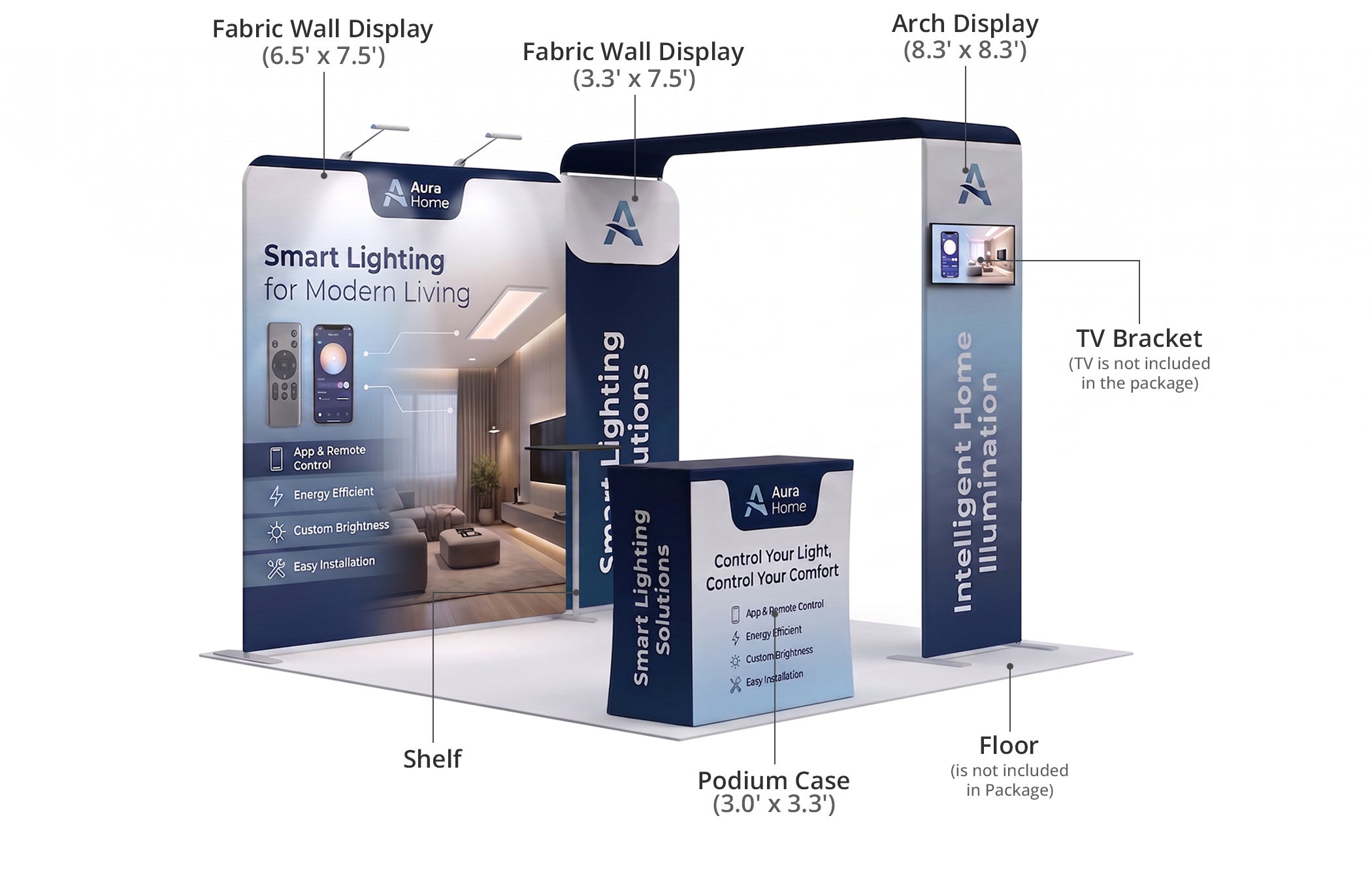 10 Ft Inline Trade Show Booth - Portable Backwall Display with LED Lights & Counter Components & Sizes