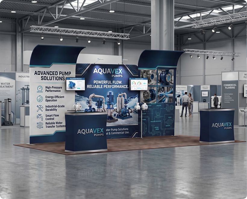 20 ft Inline Trade Show Booth - Modular Setup with Monitor Mounts Water Pumps