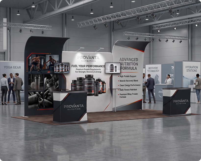 20 ft Inline Trade Show Booth - Modular Setup with Monitor Mounts Protein Supplements