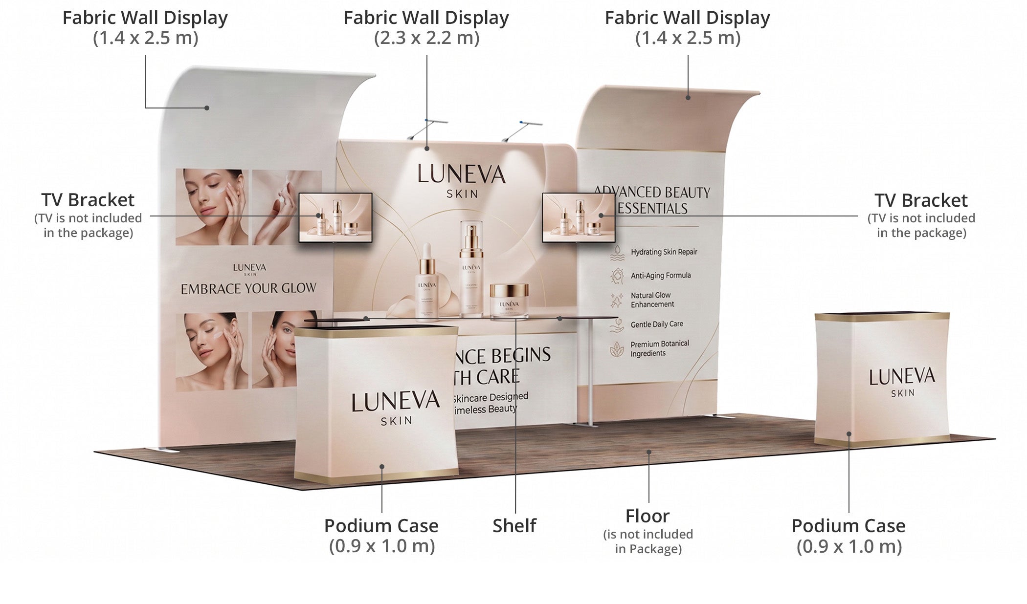 6 m Inline Exhibition Stand - Modular Setup with Monitor Mounts Components & Sizes