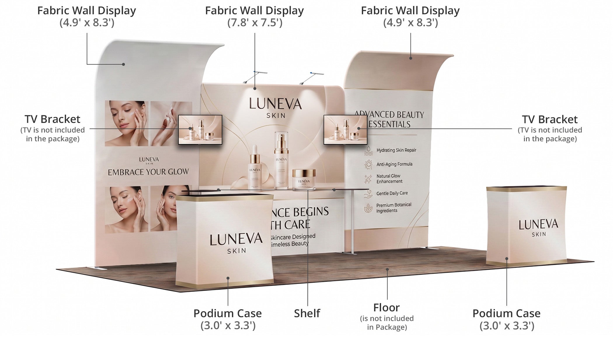 20 ft Inline Trade Show Booth - Modular Setup with Monitor Mounts Components & Sizes