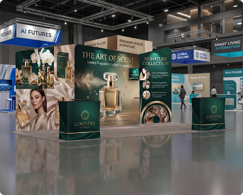 20 ft Inline Trade Show Booth - Tension Fabric Display with Podium Perfume Company