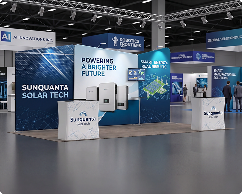 20 ft Inline Trade Show Booth - Tension Fabric Display with Podium Solar Panels