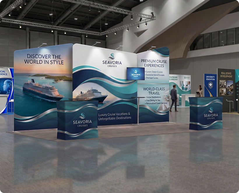 20 ft Inline Trade Show Booth - Tension Fabric Display with Podium World Cruise Tours & Travel Company