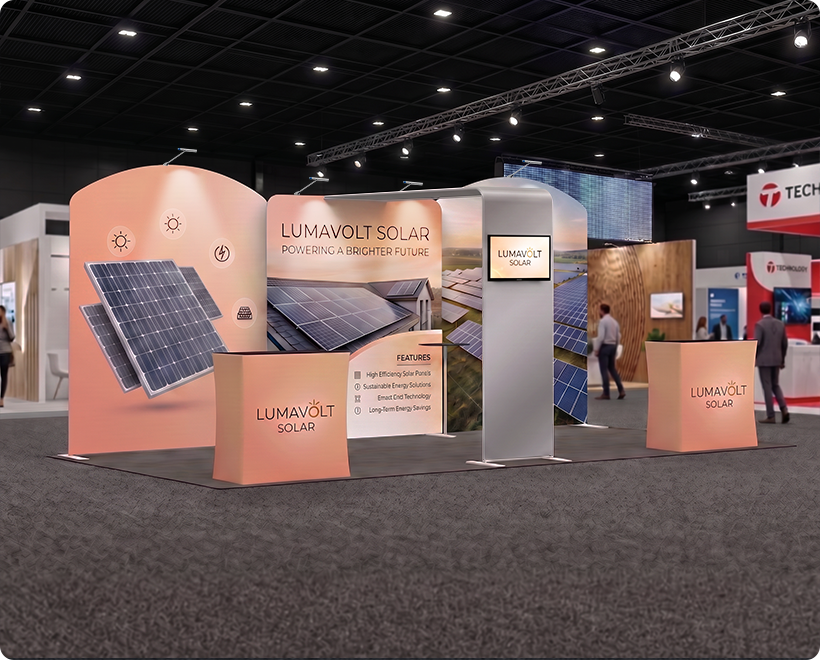 20 Ft Inline Trade Show Booth - Complete Display Package with Dual Podiums & Banner Stand Solar Panels