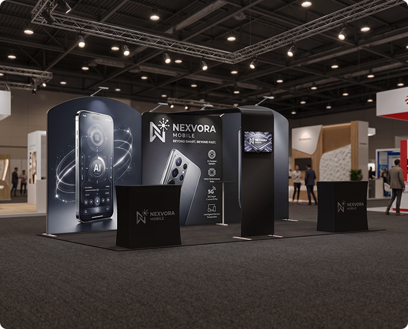 20 Ft Inline Trade Show Booth - Complete Display Package with Dual Podiums & Banner Stand Mobile Company