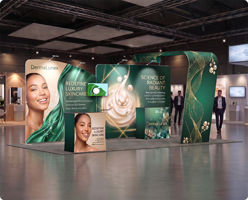 20 ft Inline Trade Show Booth - Full Graphic Wall Setup with Product Display Counters Skin Care Beauty Product