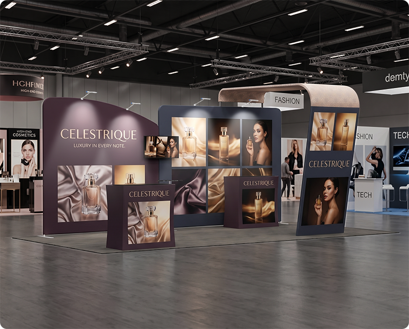 20 ft Inline Trade Show Booth - Full Graphic Wall Setup with Product Display Counters Perfume Company