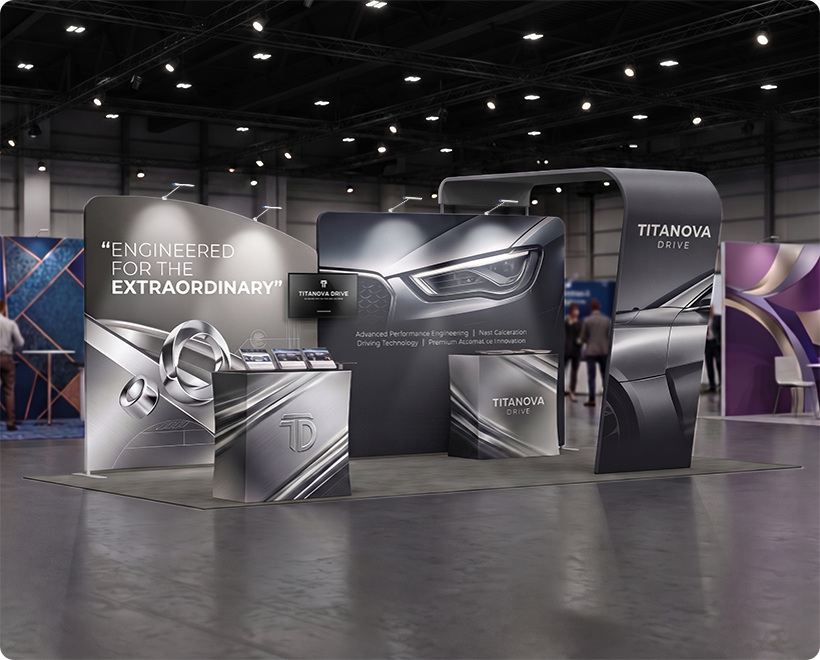 20 ft Inline Trade Show Booth - Full Graphic Wall Setup with Product Display Counters Automobile Parts