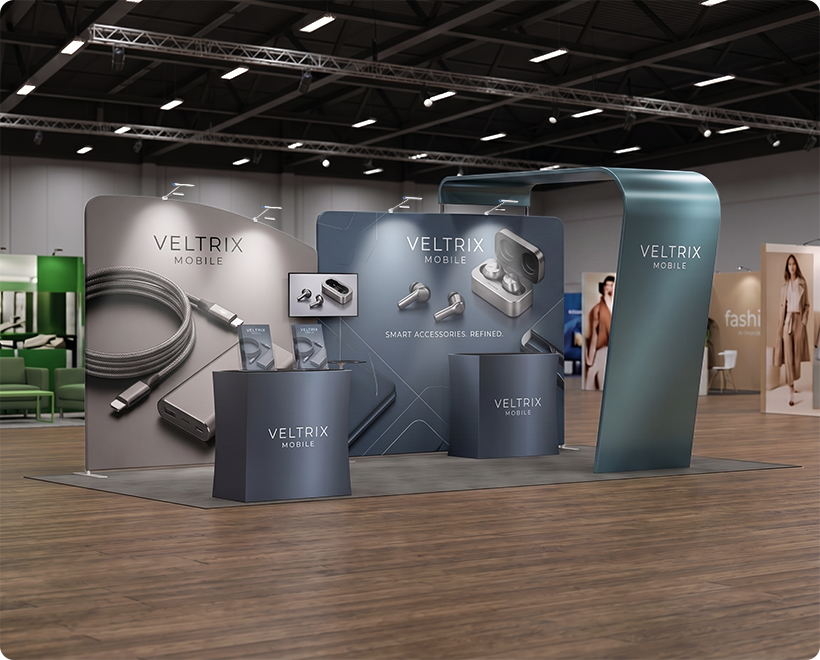 20 ft Inline Trade Show Booth - Full Graphic Wall Setup with Product Display Counters Mobile Accessories