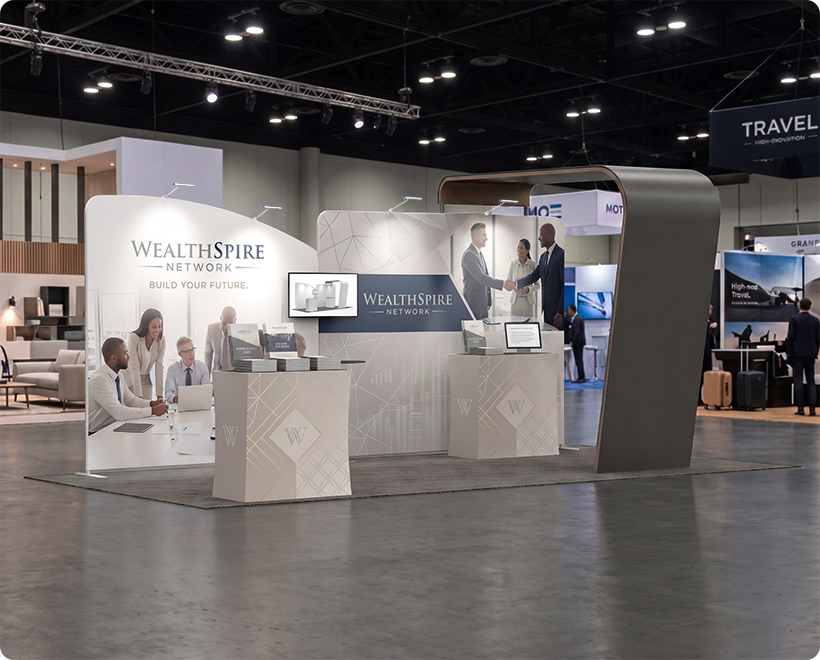 20 ft Inline Trade Show Booth - Full Graphic Wall Setup with Product Display Counters Network Marketing