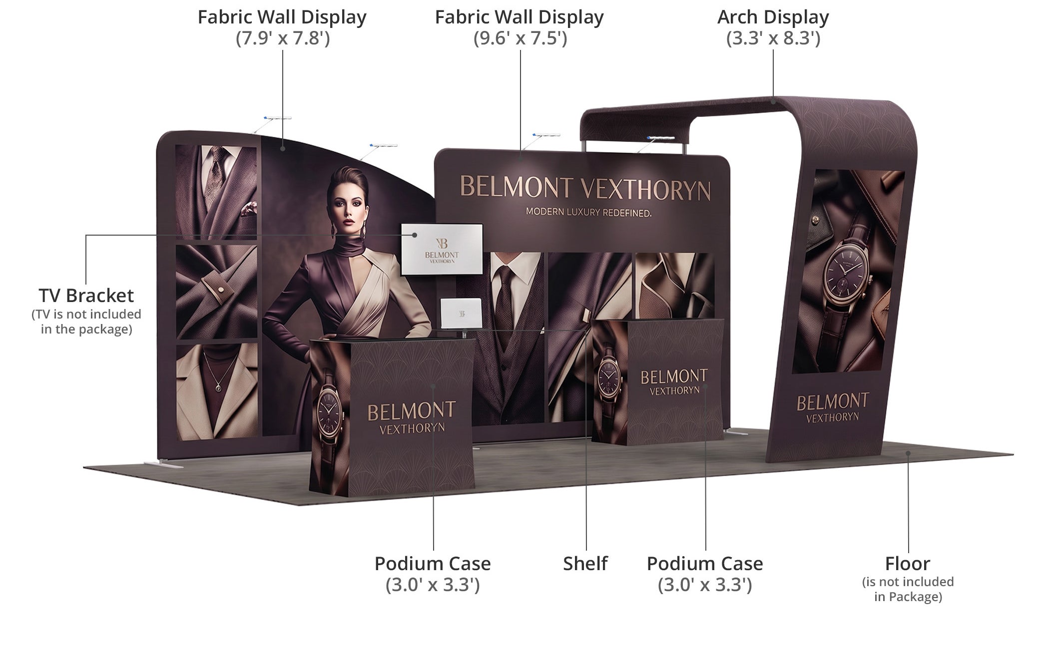 20 ft Inline Trade Show Booth - Full Graphic Wall Setup with Product Display Counters Components & Sizes