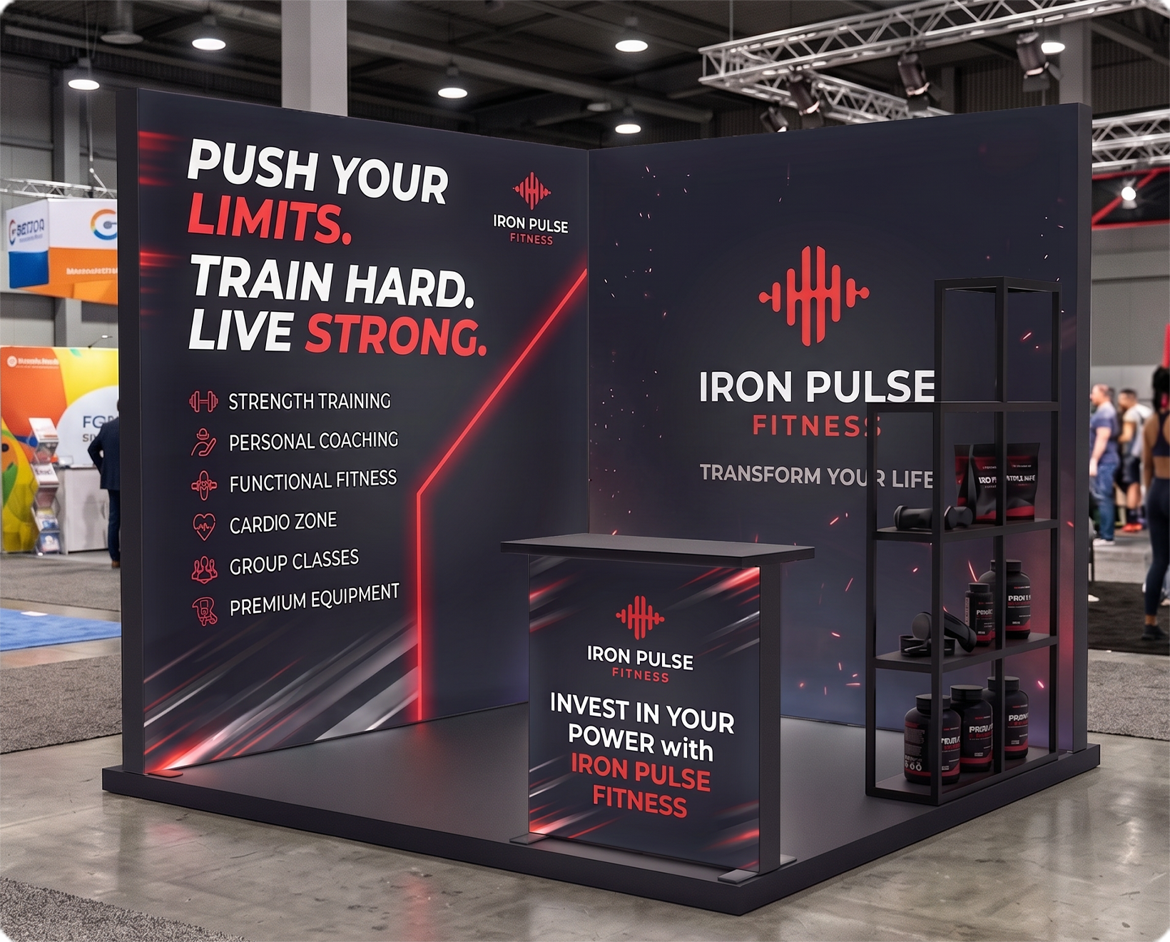 10 ft Backlit Trade Show Display - LED Lightbox Display with Counter & Side Panels Gym Brand