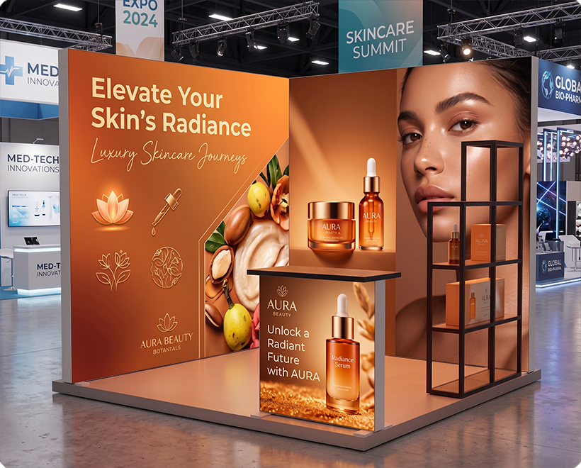 10 ft Backlit Trade Show Display - LED Lightbox Display with Counter & Side Panels Skin Care Beauty Product