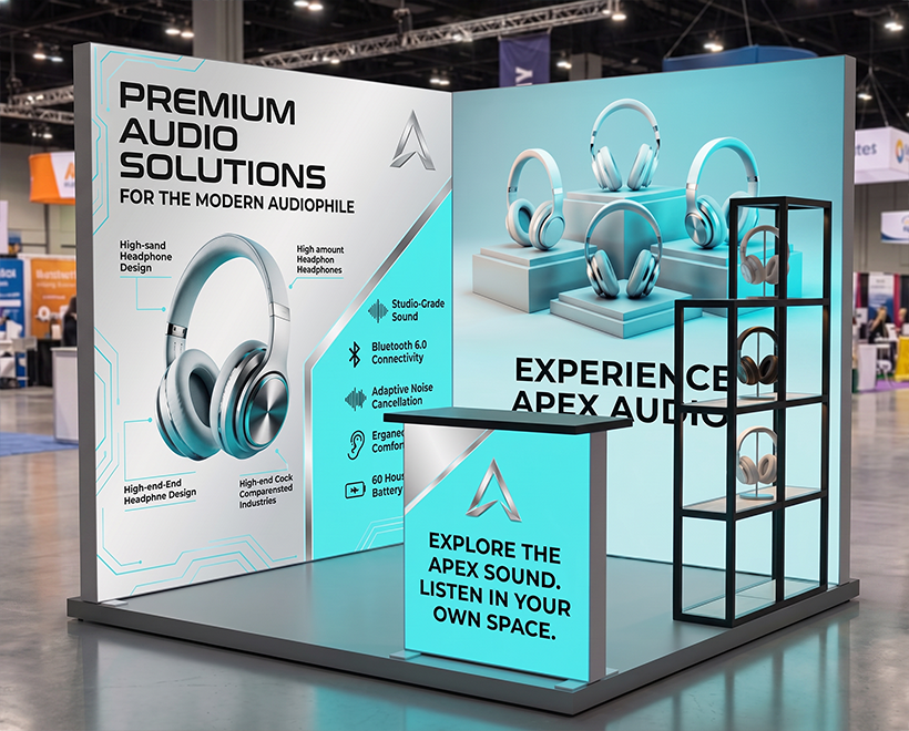 10 ft Backlit Trade Show Display - LED Lightbox Display with Counter & Side Panels Headphone Company
