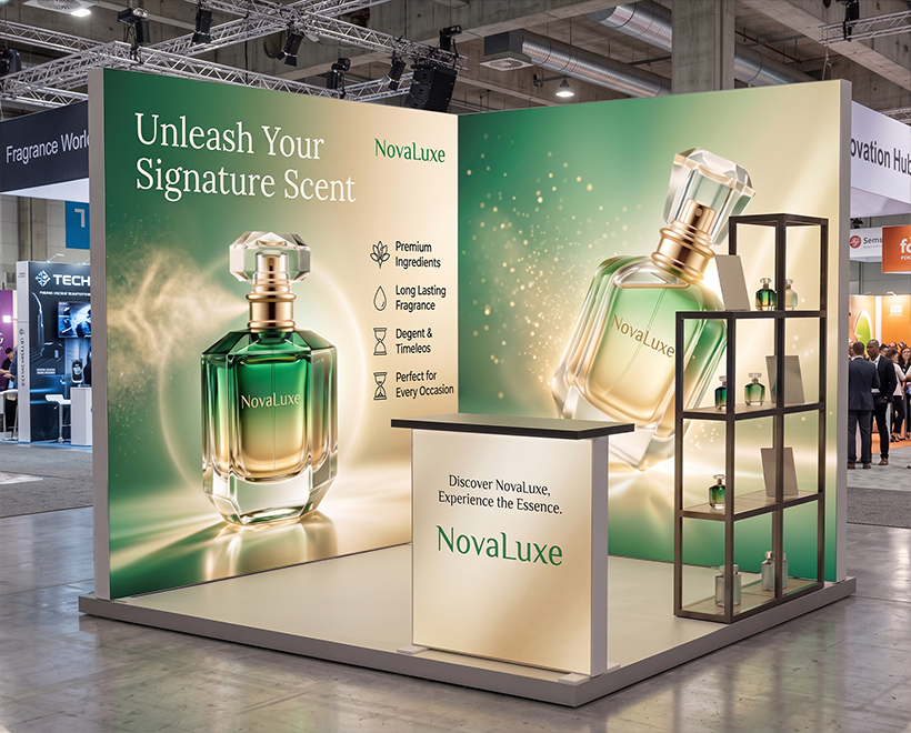 10 ft Backlit Trade Show Display - LED Lightbox Display with Counter & Side Panels Perfume Company