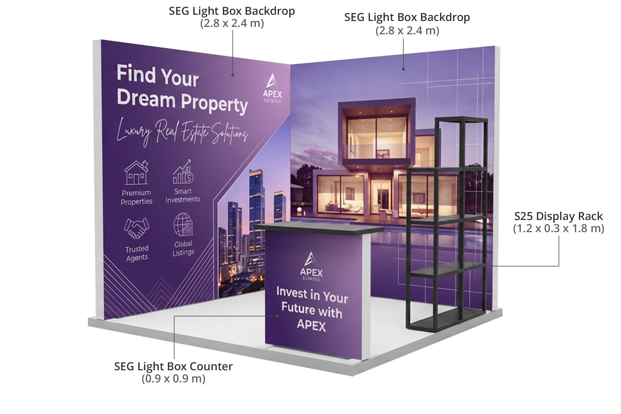 3 m Backlit Exhibition Stand - LED Lightbox Display with Counter & Side Panels Components & Sizes