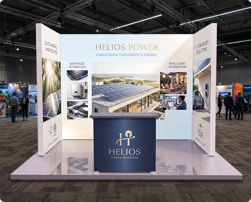 10 ft Backlit Trade Show Display - LED Backwall Display with Counter & Storage Solar Panels