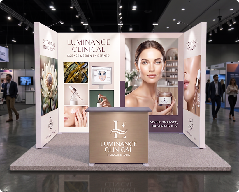 10 ft Backlit Trade Show Display - LED Backwall Display with Counter & Storage Skin Care Beauty Product