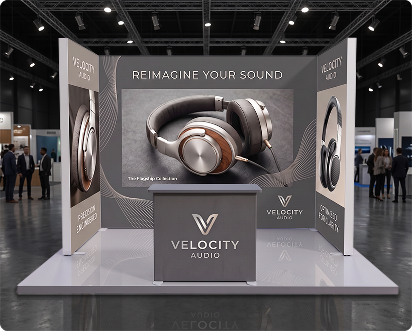 10 ft Backlit Trade Show Display - LED Backwall Display with Counter & Storage Headphone Company