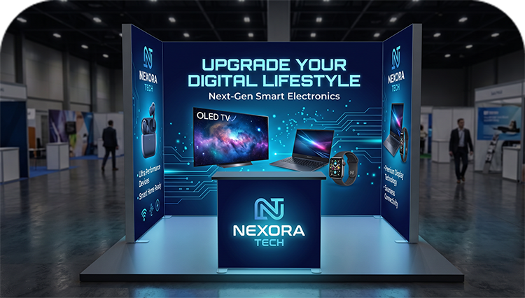 10 ft Backlit Trade Show Display - LED Backwall Display with Counter & Storage banner image mobile