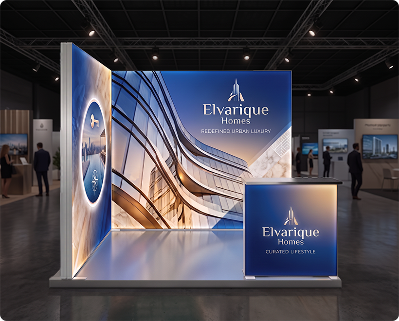 3 m Backlit Exhibition Stand - LED Lightbox Display with Counter Real Estate Marketing