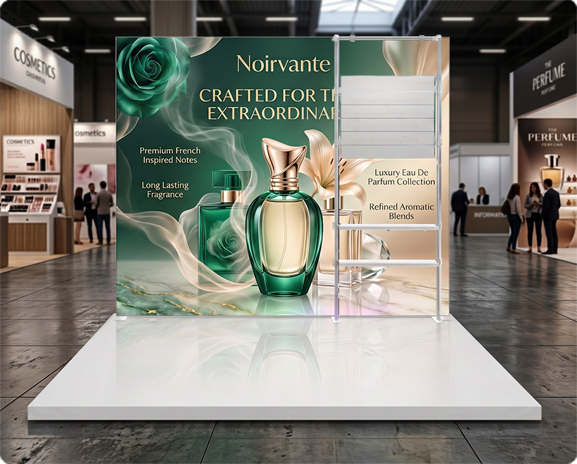 3 m Backlit Exhibition Stand - LED Lightbox Display with Shelf Perfume Company