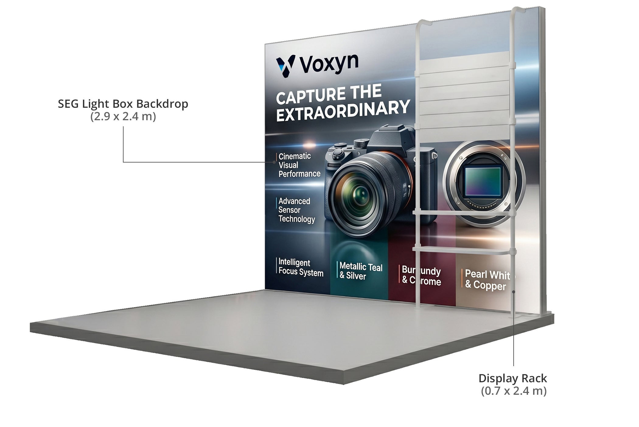3 m Backlit Exhibition Stand - LED Lightbox Display with Shelf Components & Sizes