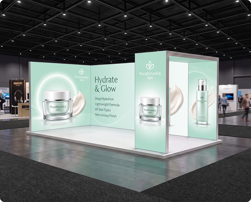 20 ft Backlit Trade Show Display - Large LED Lightbox Backwall with Graphics Skin Care Beauty Product