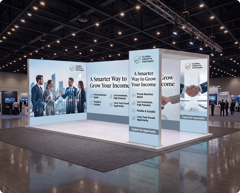 20 ft Backlit Trade Show Display - Large LED Lightbox Backwall with Graphics Network Marketing