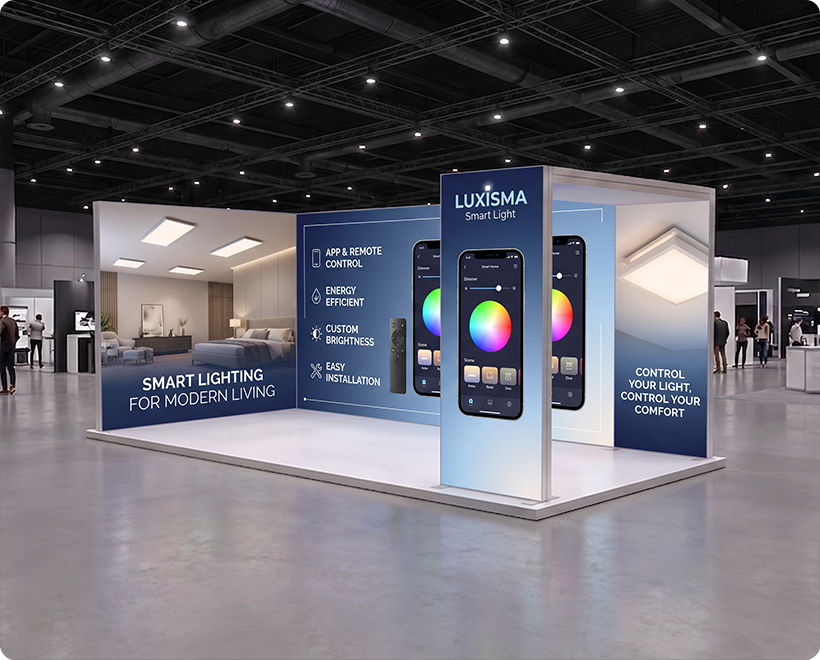 20 ft Backlit Trade Show Display - Large LED Lightbox Backwall with Graphics Smart Light Automation
