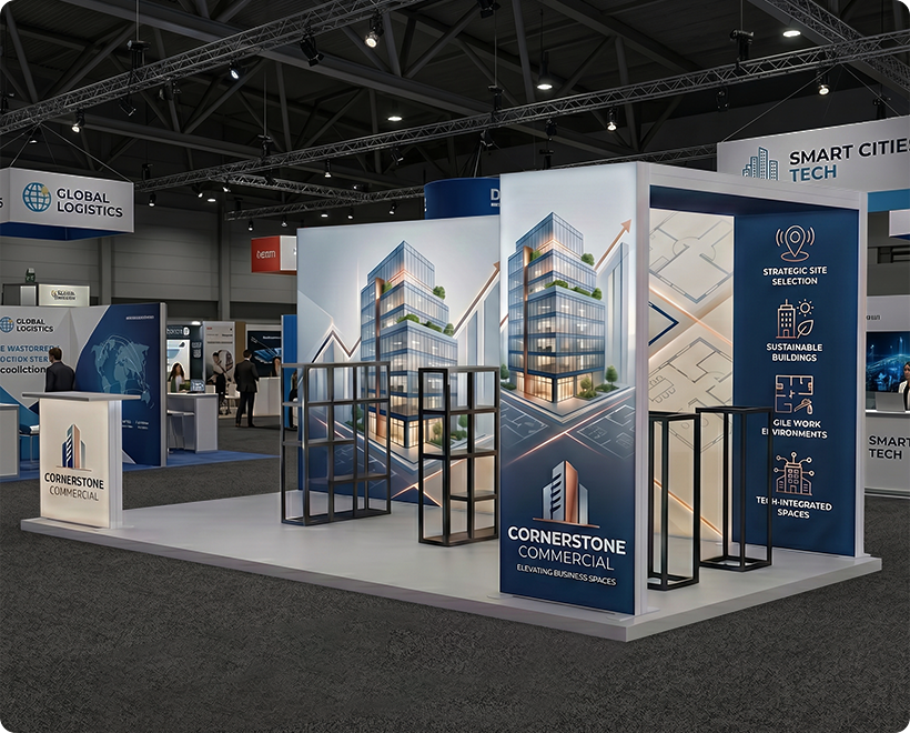 6 m Backlit Exhibition Stand - LED Lightbox Display with Dual Counters & Branding Panels Real Estate Marketing