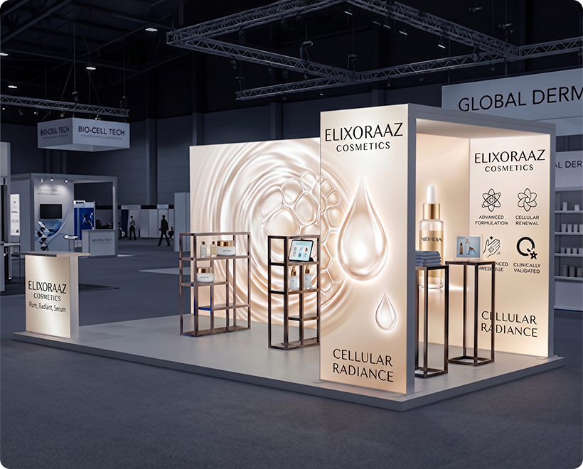 6 m Backlit Exhibition Stand - LED Lightbox Display with Dual Counters & Branding Panels Skin Care Beauty Product