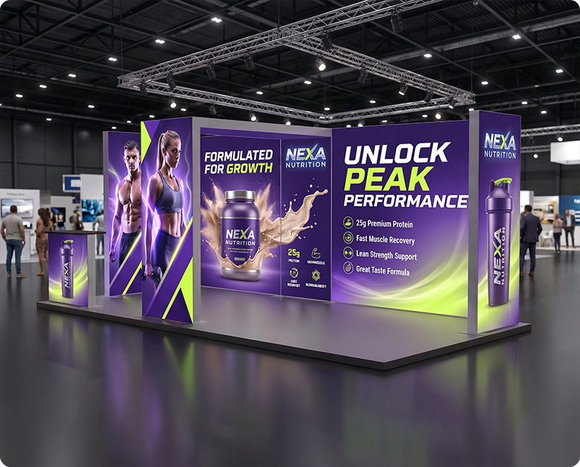 20 ft Backlit Trade Show Display - LED Lightbox Display with Counters & Side Panels Protein Supplements
