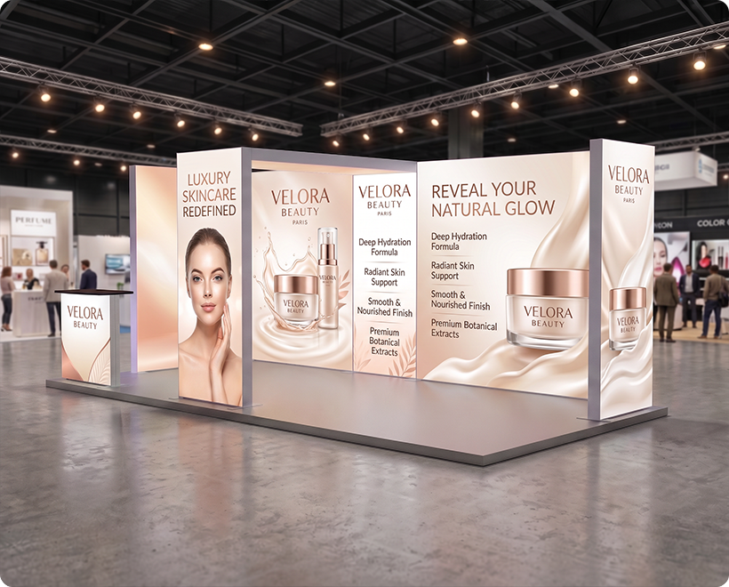 20 ft Backlit Trade Show Display - LED Lightbox Display with Counters & Side Panels Skin Care Beauty Product